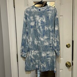 Blue and White Tie-Dye Long Sleeve Dress